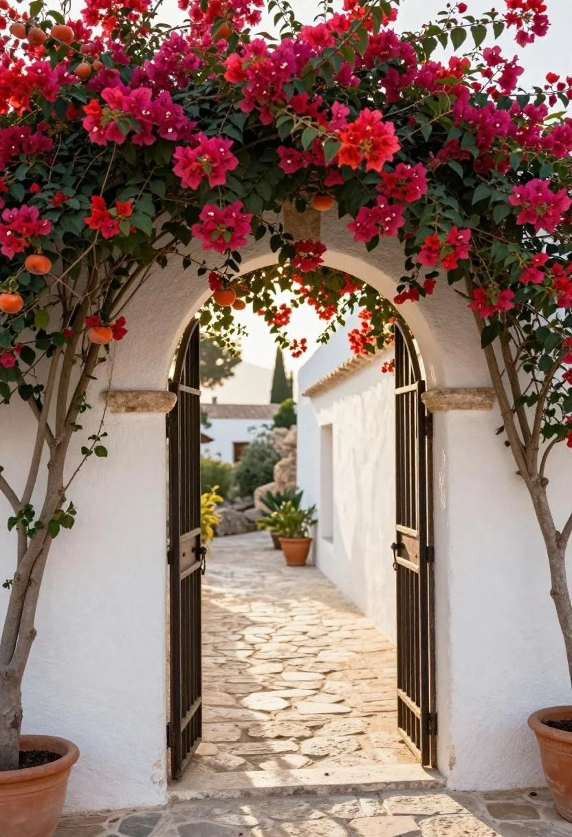 Limestone arbor draped in persimmon bougainvillea creating a vivid Mediterranean garden entrance