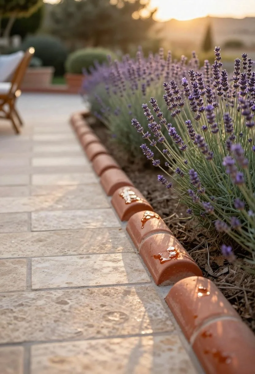 Persimmon terracotta half-pipe edging separating limestone patio from lavender border