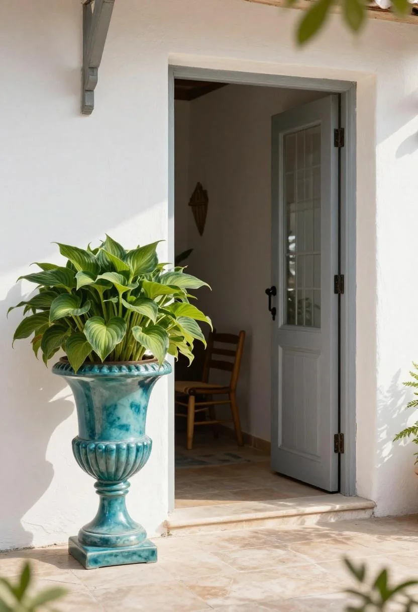 Tall glazed urn with lush hosta flanking a Mediterranean front door in morning sun