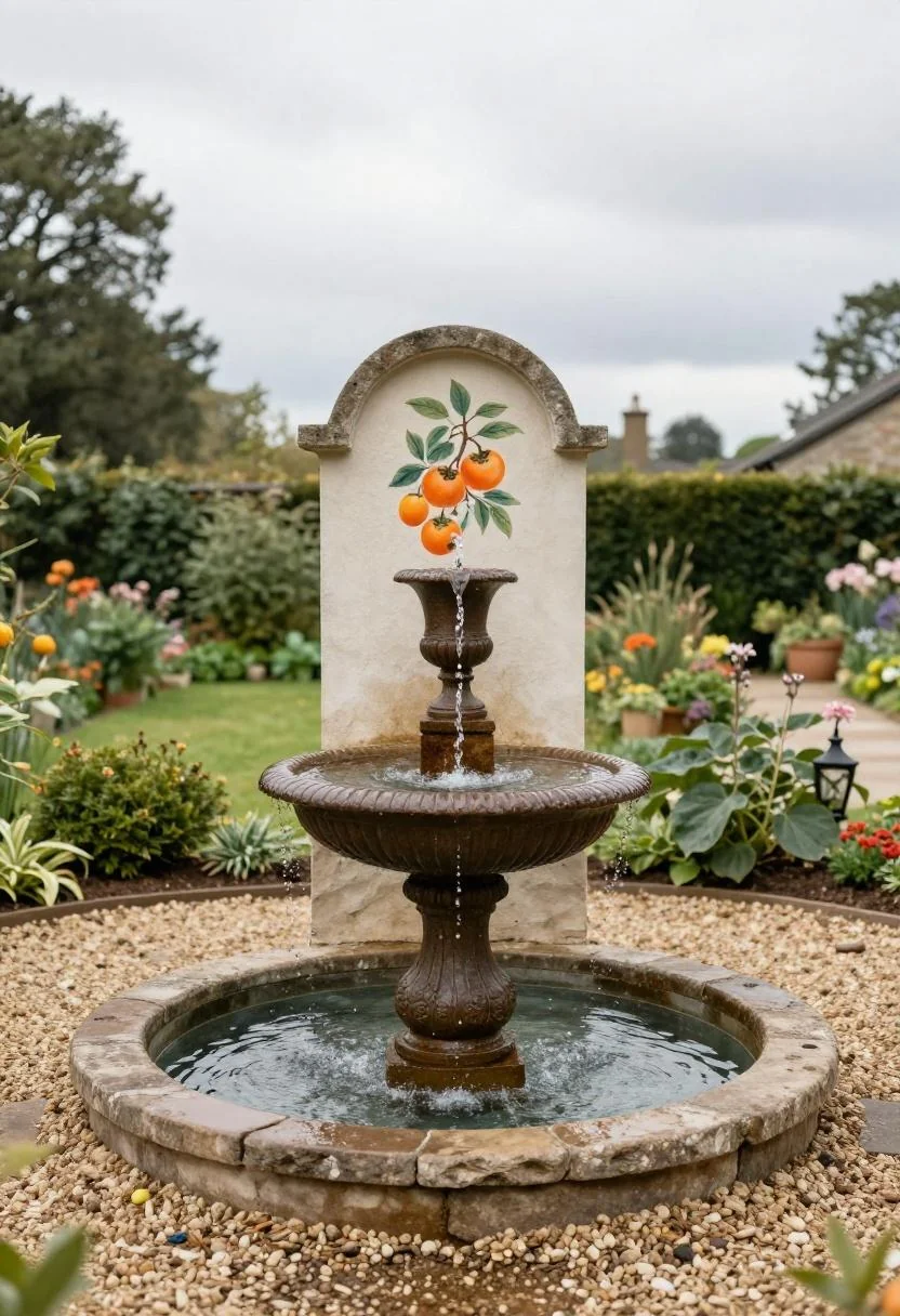 Cast iron urn fountain in persimmon paint spilling water into a gravel garden catchment