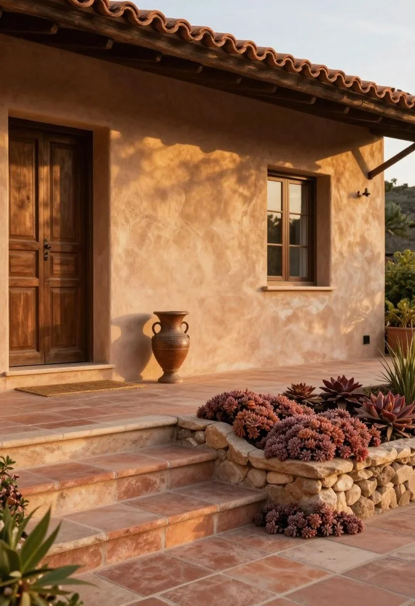 Mediterranean porch with sedum cascading from sandstone bed anchored by persimmon-glazed urn