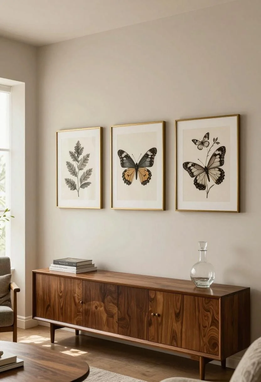 Brass-framed butterfly botanicals on a persimmon accent wall above a walnut credenza