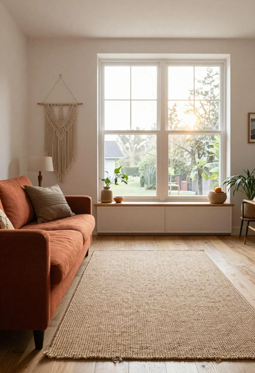 Bohemian linen sofa with persimmon jute rug in warm golden hour light
