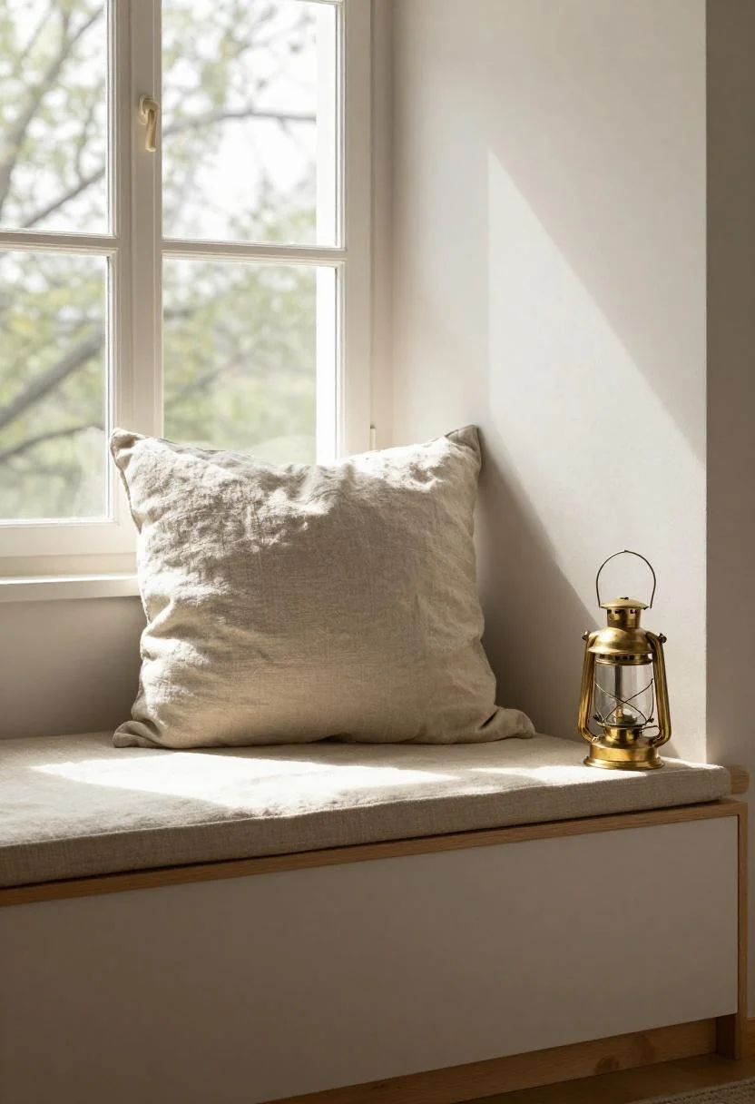 Persimmon linen cushion on a pine window seat with a brass lantern in afternoon sun