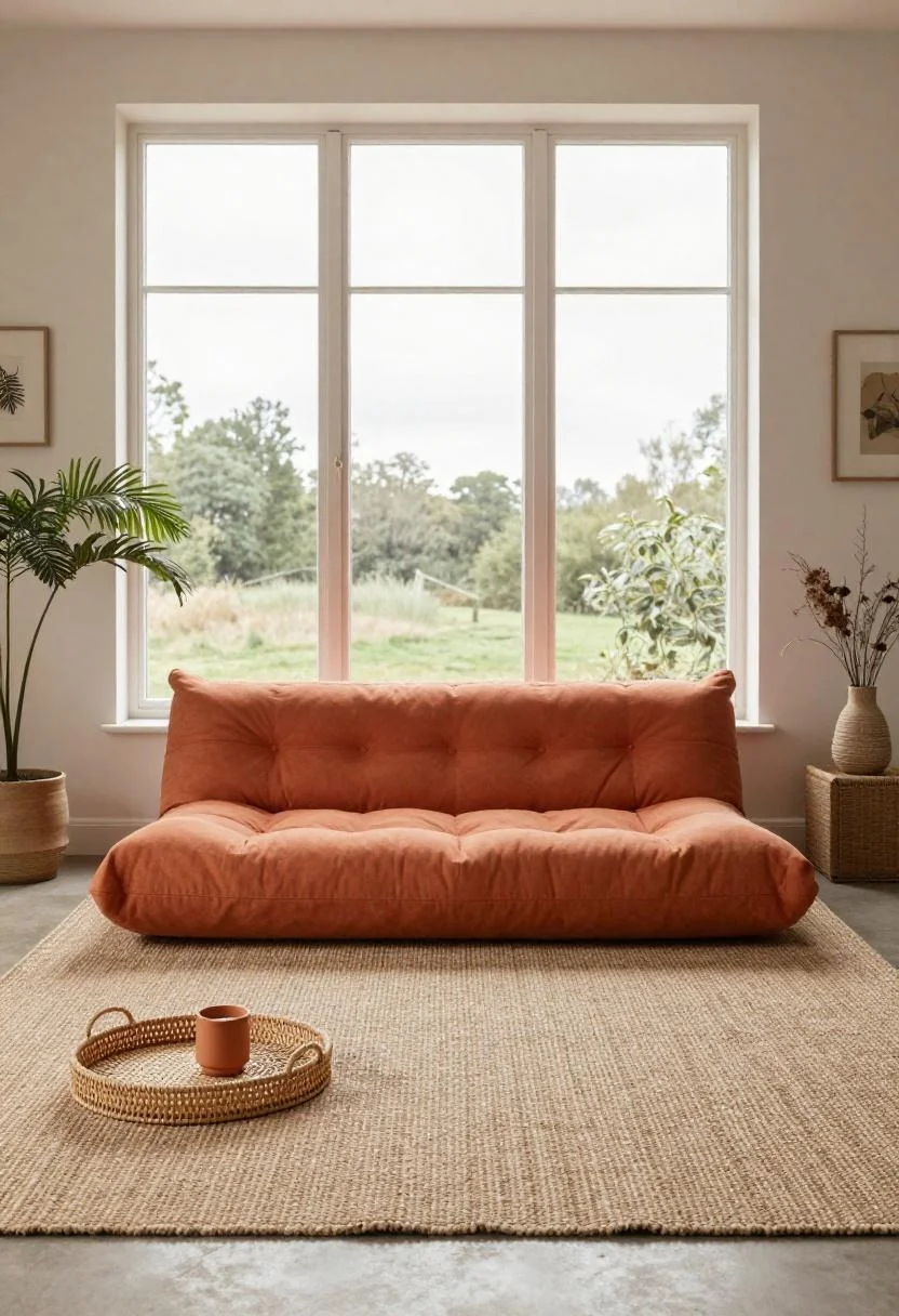 Persimmon cotton floor cushion with rattan tray in a relaxed bohemian living room