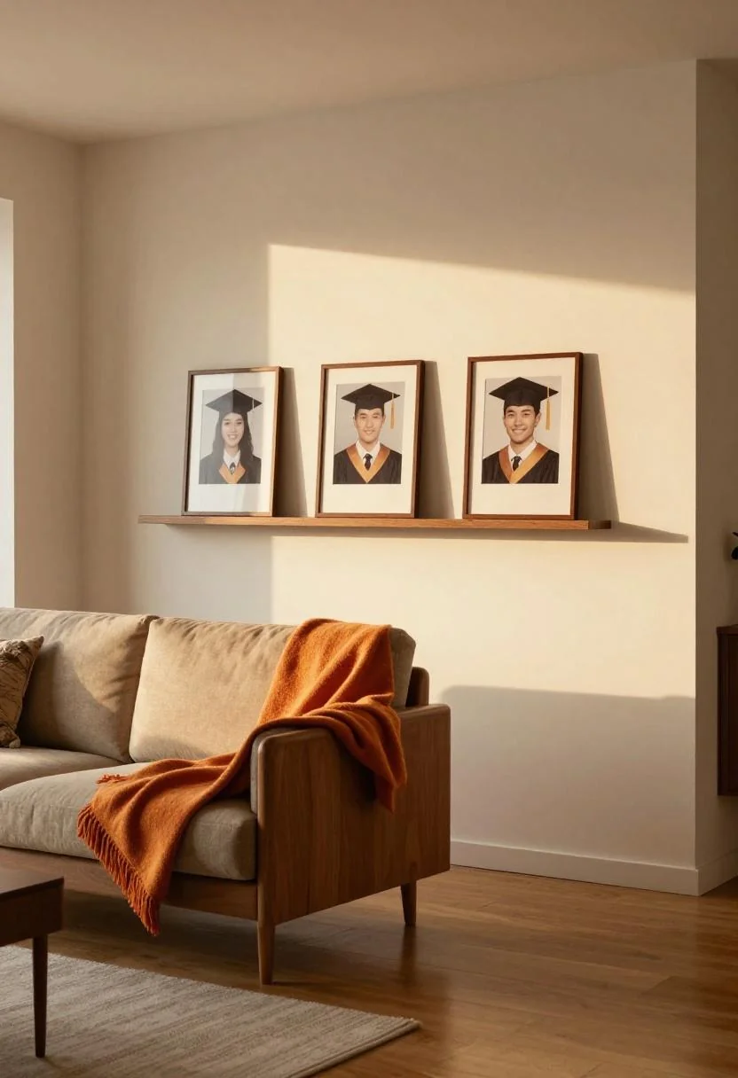 Persimmon wool throw on a mid-century walnut sofa with a graduation photo shelf displayed behind