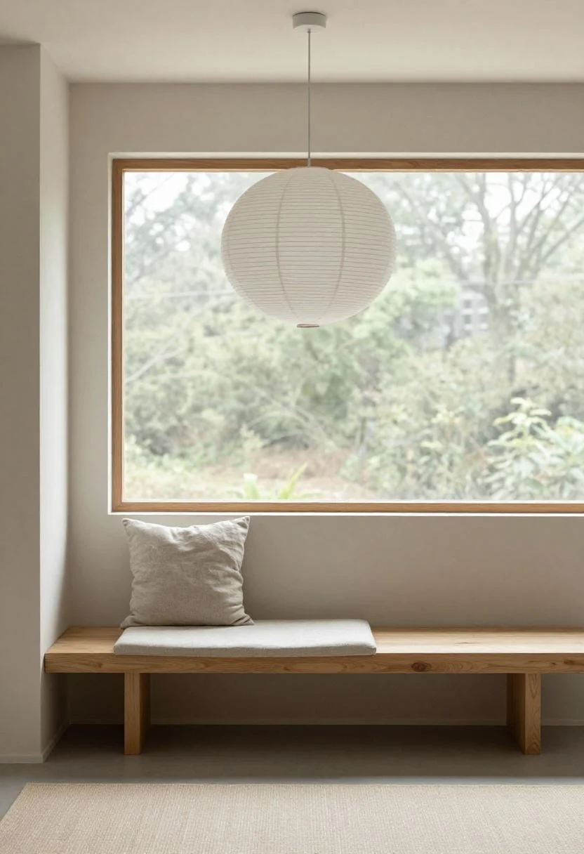 Low oak bench with persimmon linen cushion under a white paper lantern in japandi style