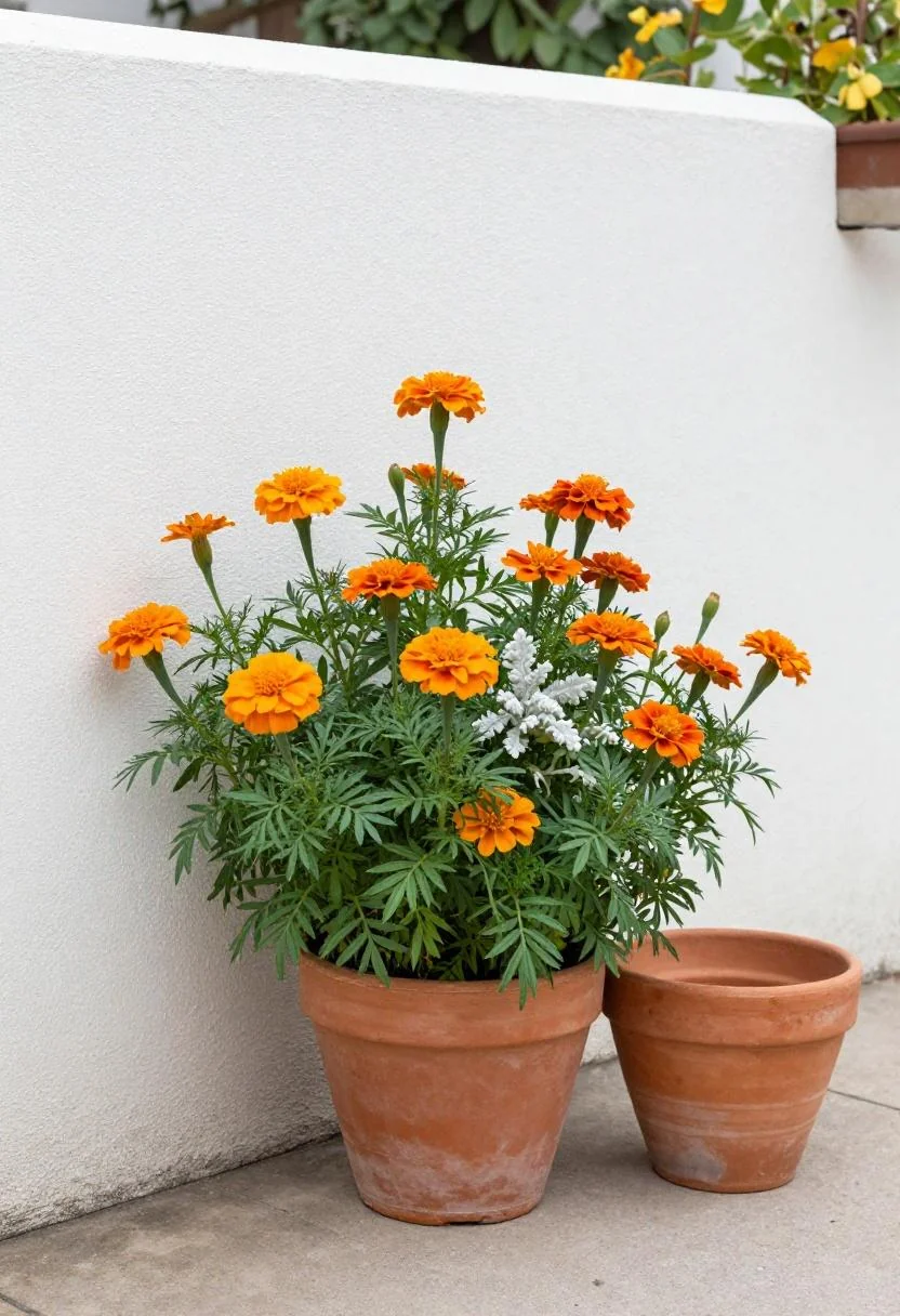 Front border planting of marigolds with a persimmon clay pot beside a stucco wall