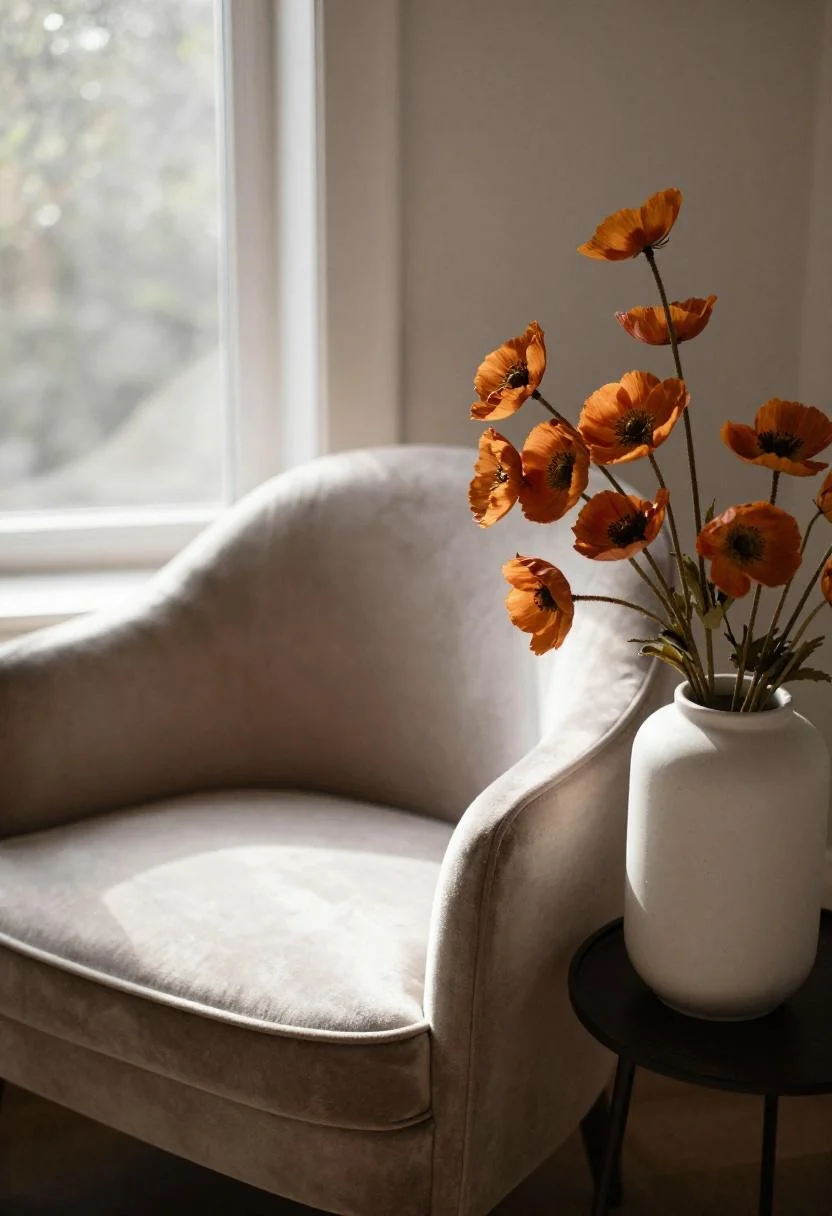 Persimmon faux poppies in a white ceramic pot beside a velvet reading armchair