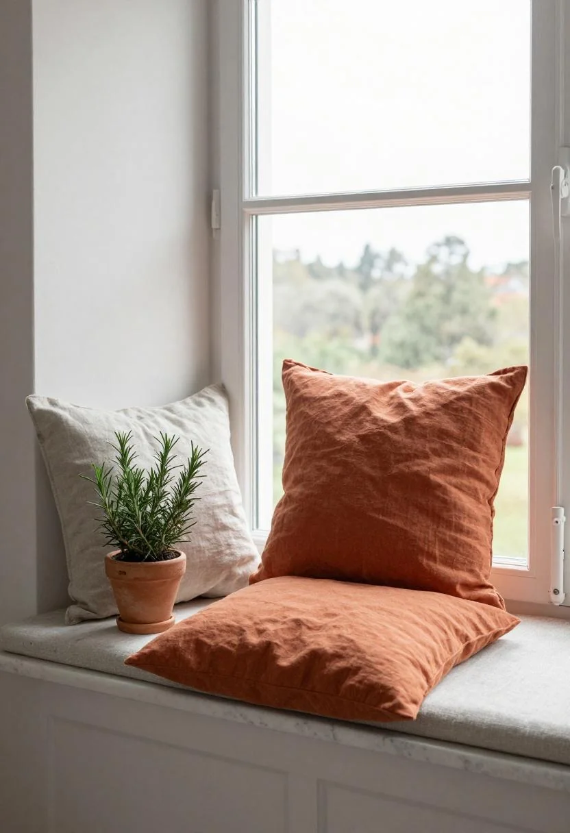 Persimmon window seat cushion beside a rosemary pot on a marble windowsill
