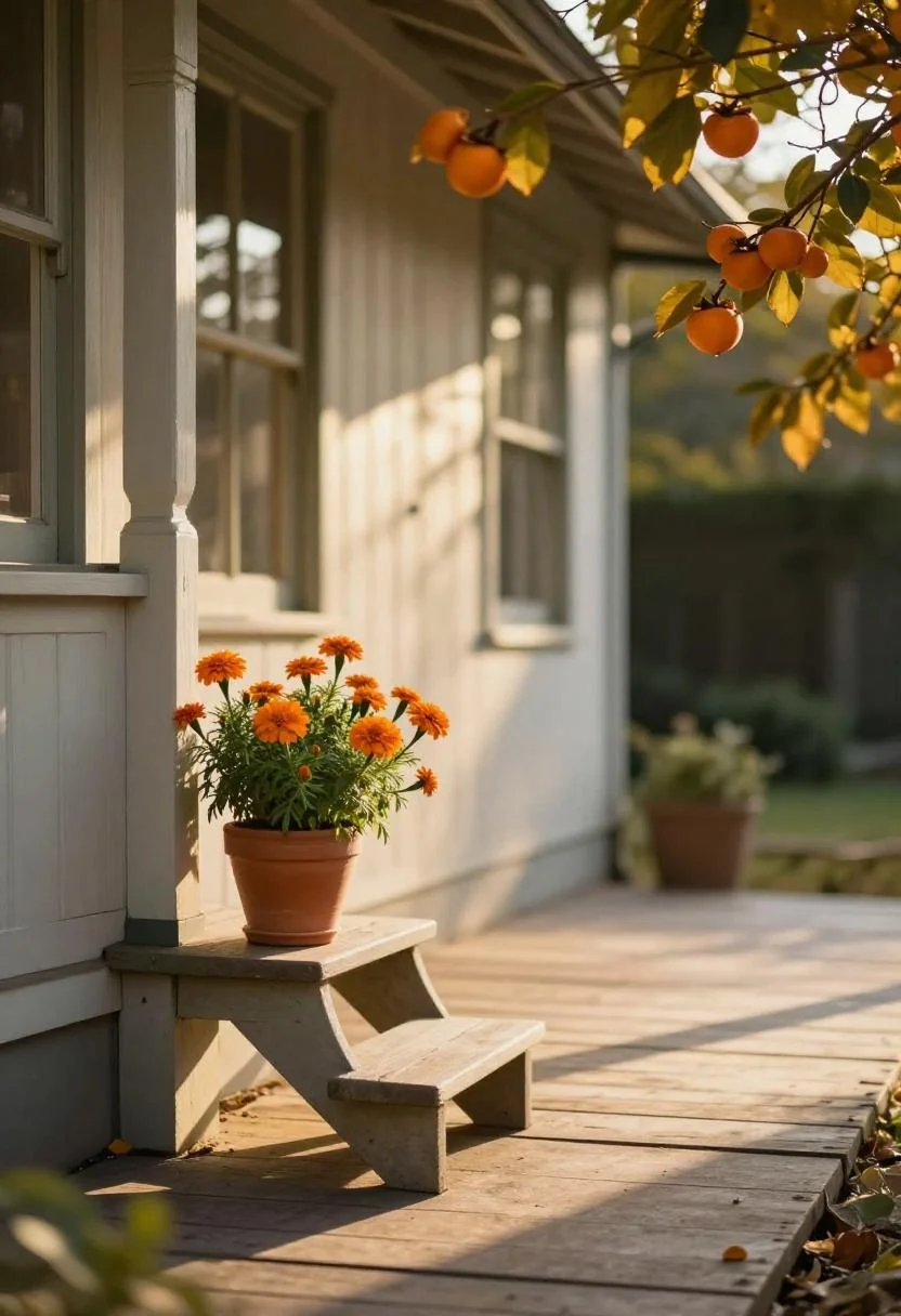 Persimmon marigolds in a clay pot glowing beside a front porch newel post at golden hour