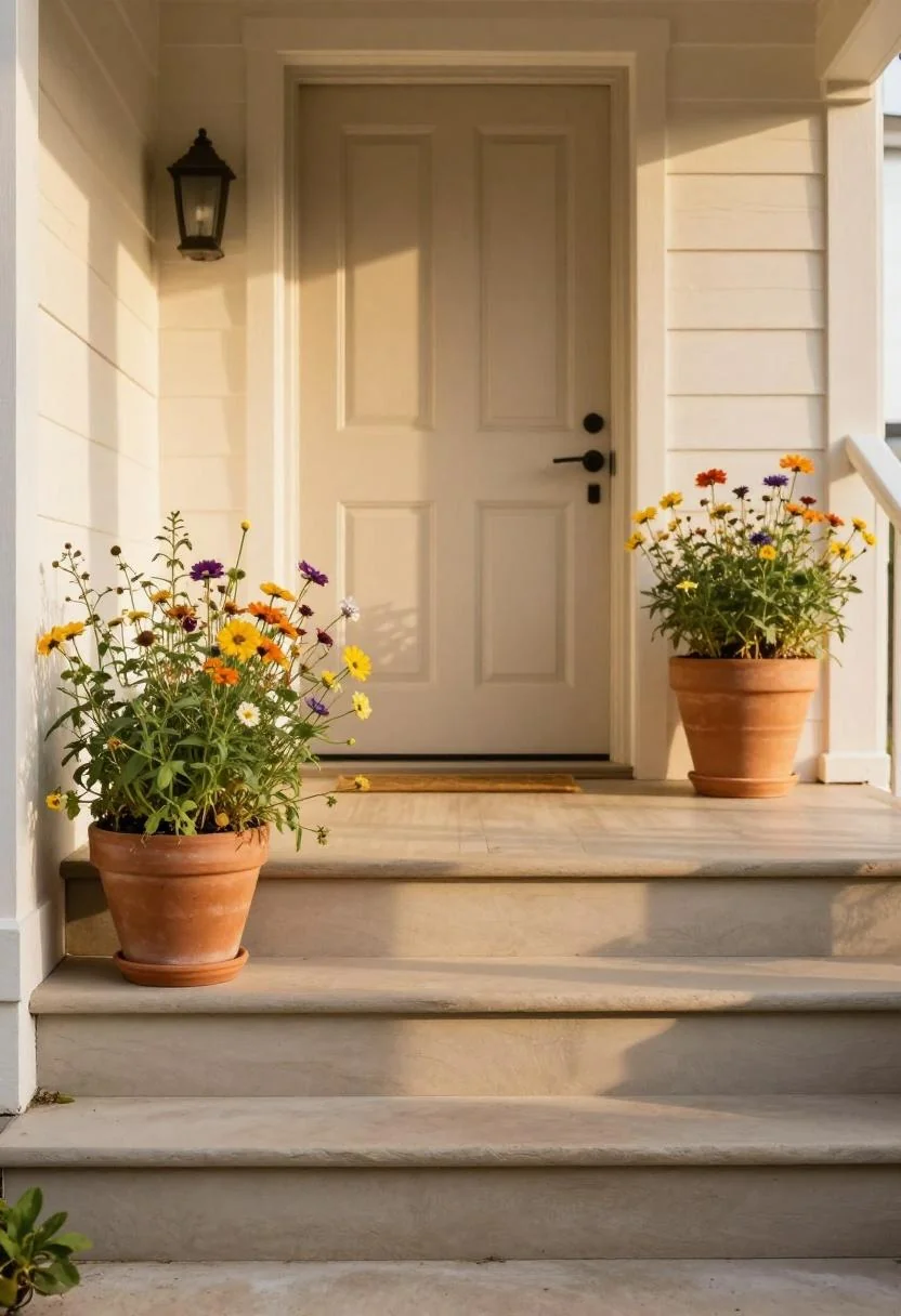 Pair of terracotta wildflower pots tucked to the side of front porch steps in warm golden hour light