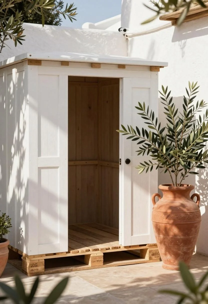 Pallet shed against a whitewashed wall with a warm terracotta olive urn beside the entrance in morning light