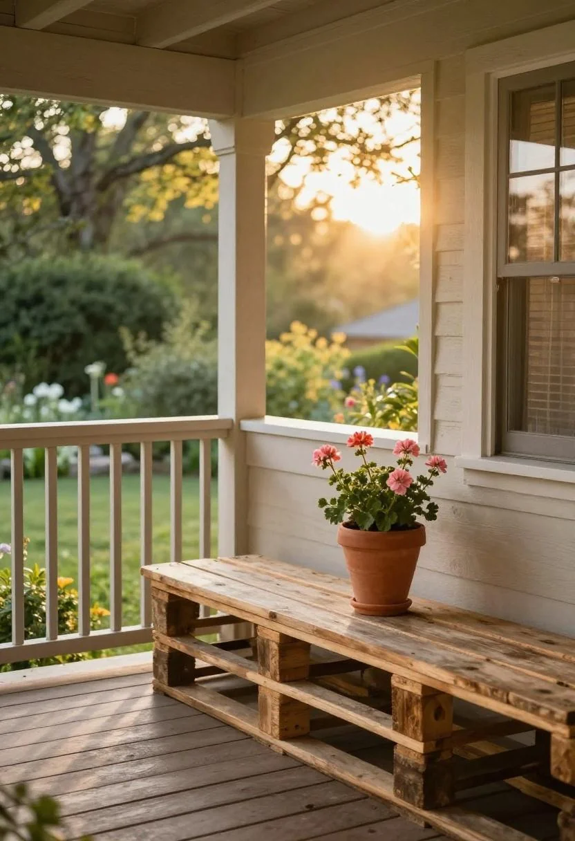 Pallet potting bench with warm terracotta geranium urn on a cottage porch at golden hour