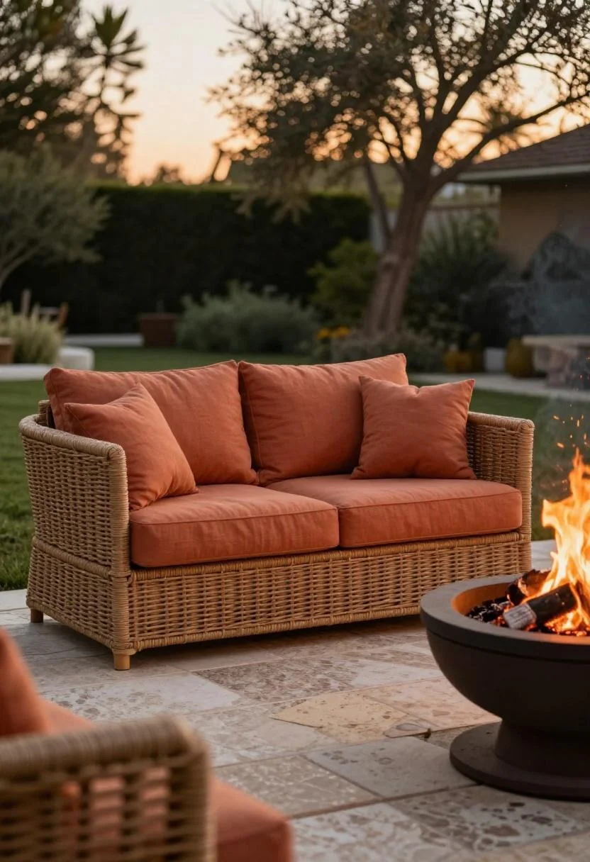 Rattan loveseat with terracotta cushions on travertine pavers beside a glowing clay chiminea