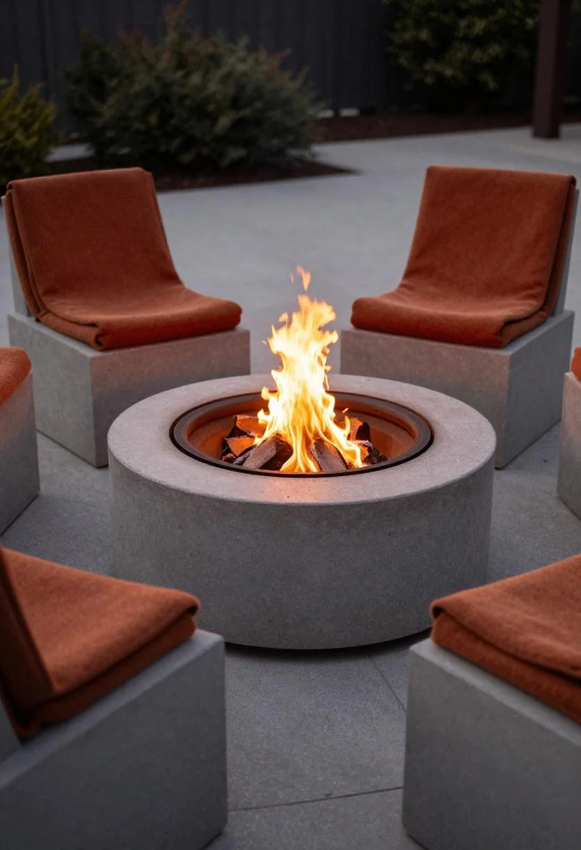 Concrete block seats with terracotta wool blankets around steel fire pit at dusk