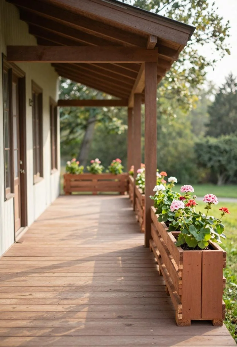 Terracotta pallet planter box with geraniums along a cottage porch railing at morning light