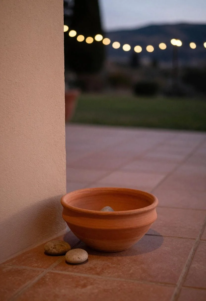 Terracotta chiminea with stone bowl on a Saltillo-tiled patio corner at dusk