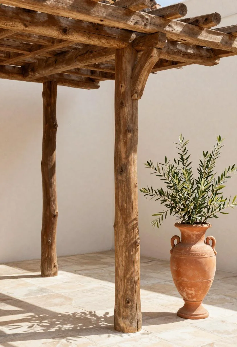 Rustic timber pergola with a terracotta urn of olive branches on a shaded flagstone patio