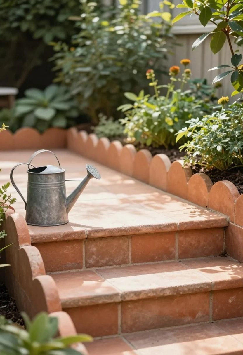Scallop-top terracotta border tiles framing a front porch garden bed with a cast iron watering can