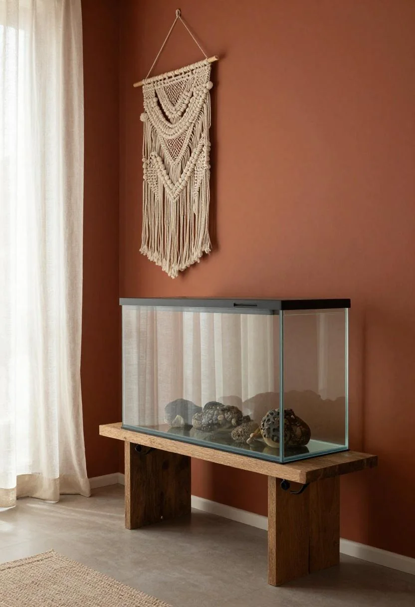 Large aquarium on a wrought-iron stand against a warm terracotta wall in a bohemian living room