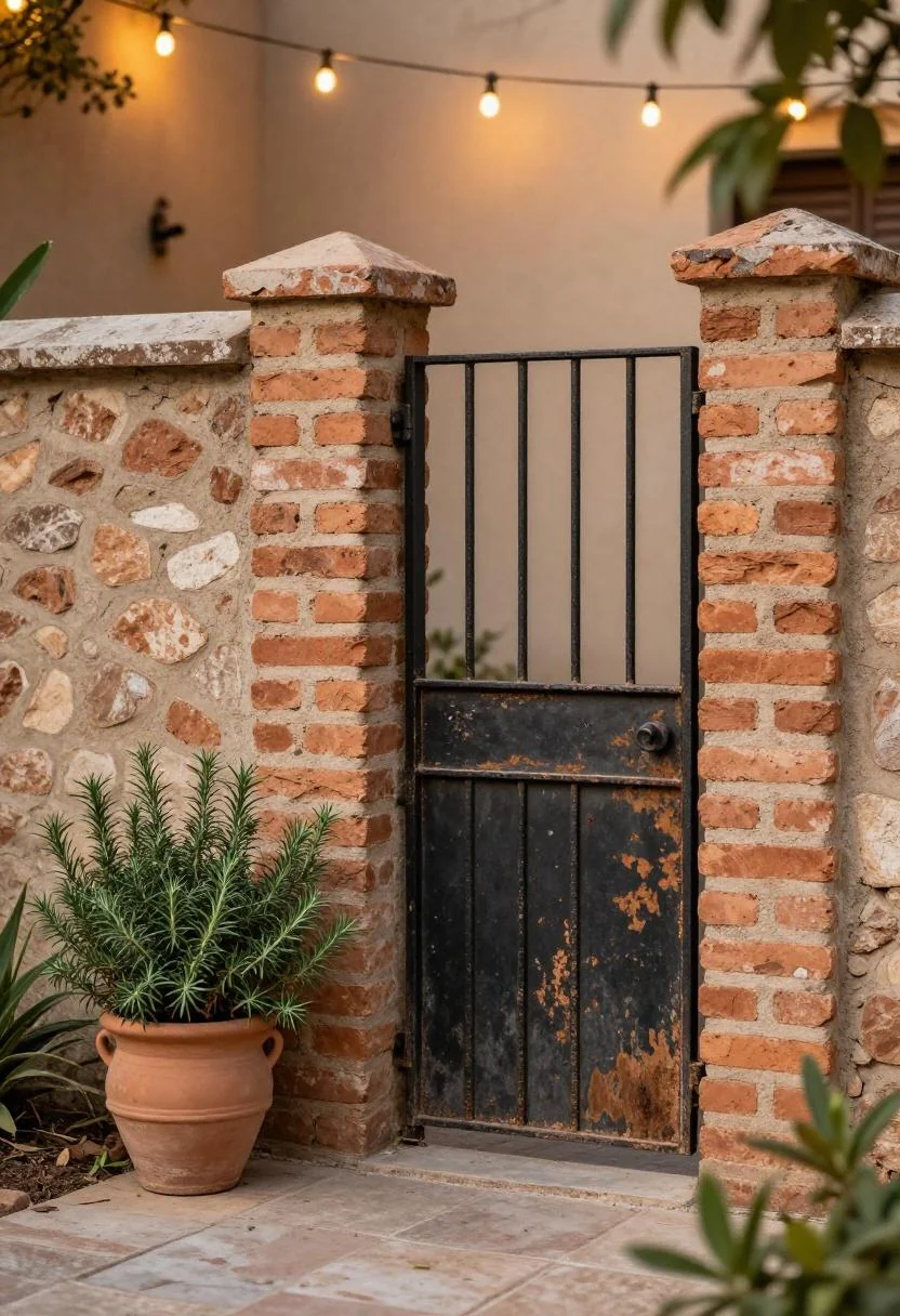 Terracotta-brick arbor with rosemary urn and string lights for a warm cottage garden entrance at dusk