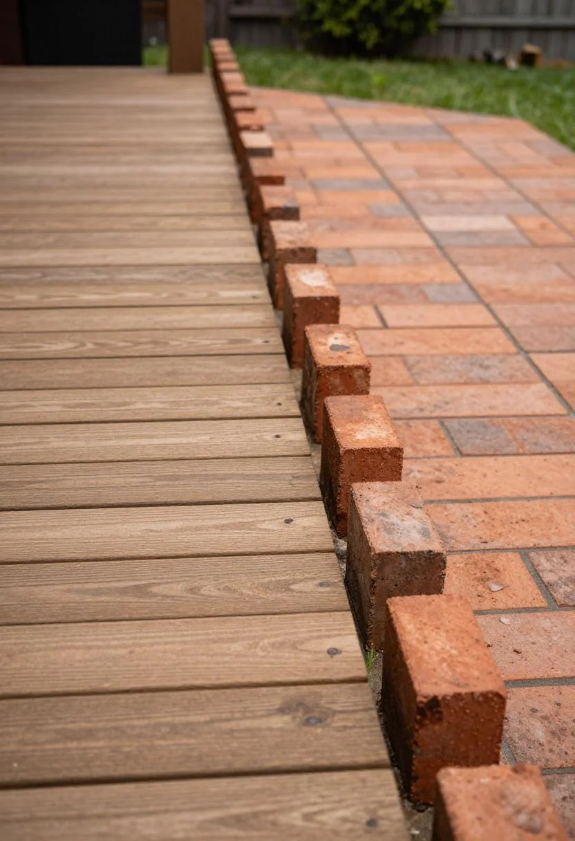 Warm terracotta bricks laid soldier-course along timber deck and lawn edge