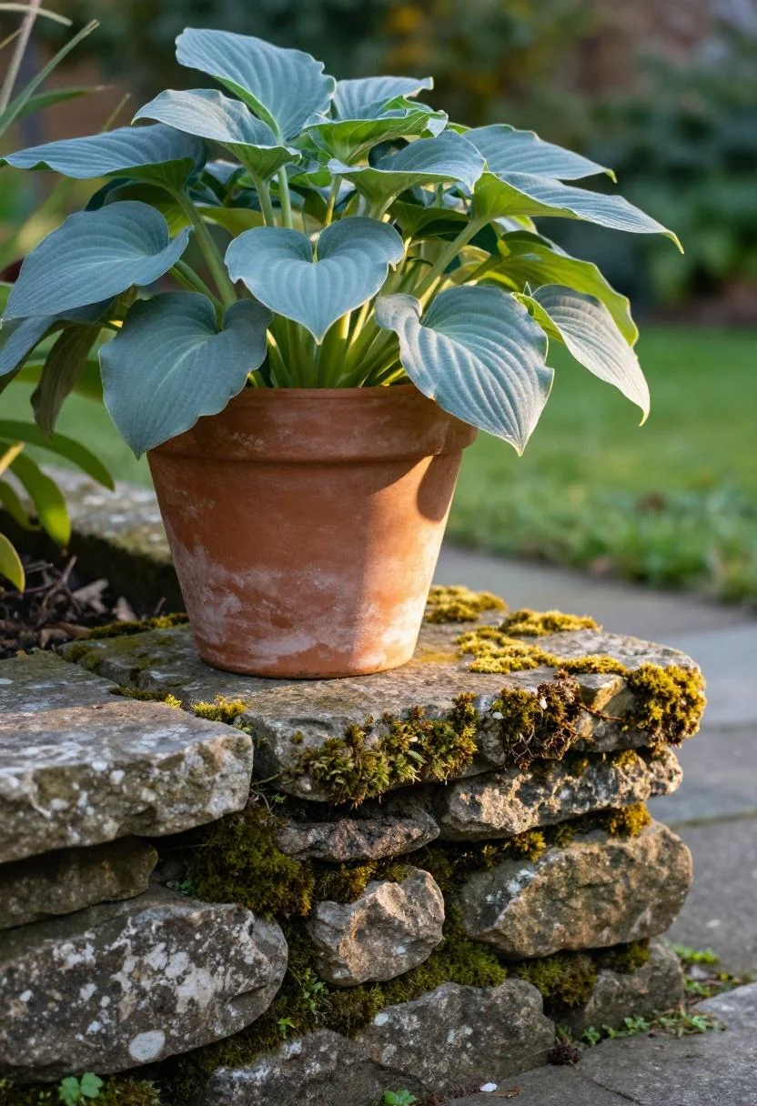 Weathered terracotta hosta pot beside a mossy flagstone step at golden hour