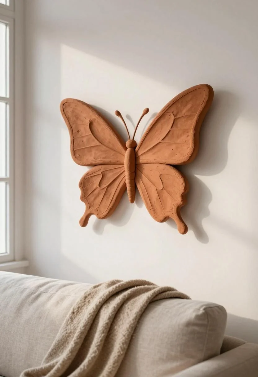 Terracotta clay butterfly wall sculpture above a linen sofa with a wool throw accent