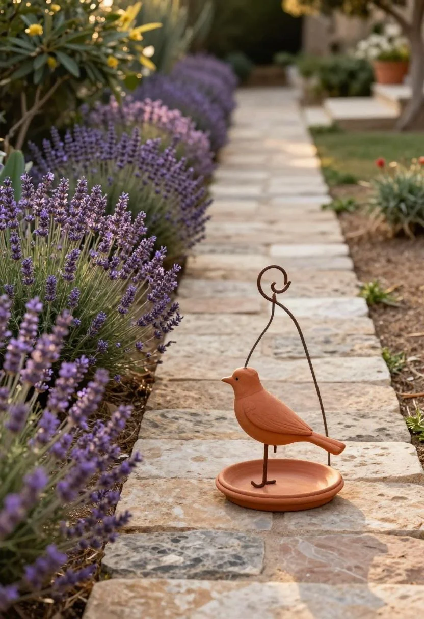 Terracotta clay bird feeder beside a Mediterranean flagstone path bordered by lavender at golden hour