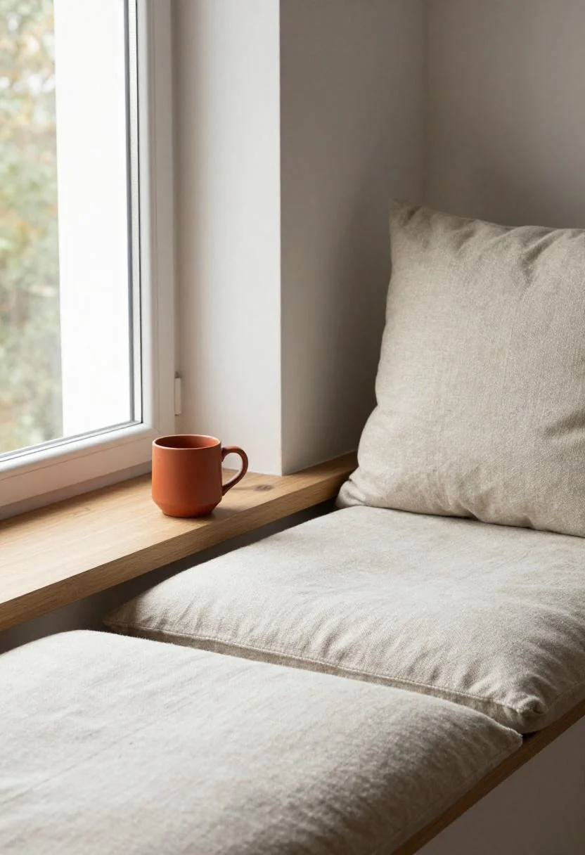 Scandinavian linen window seat with terracotta earthenware mug in morning sun