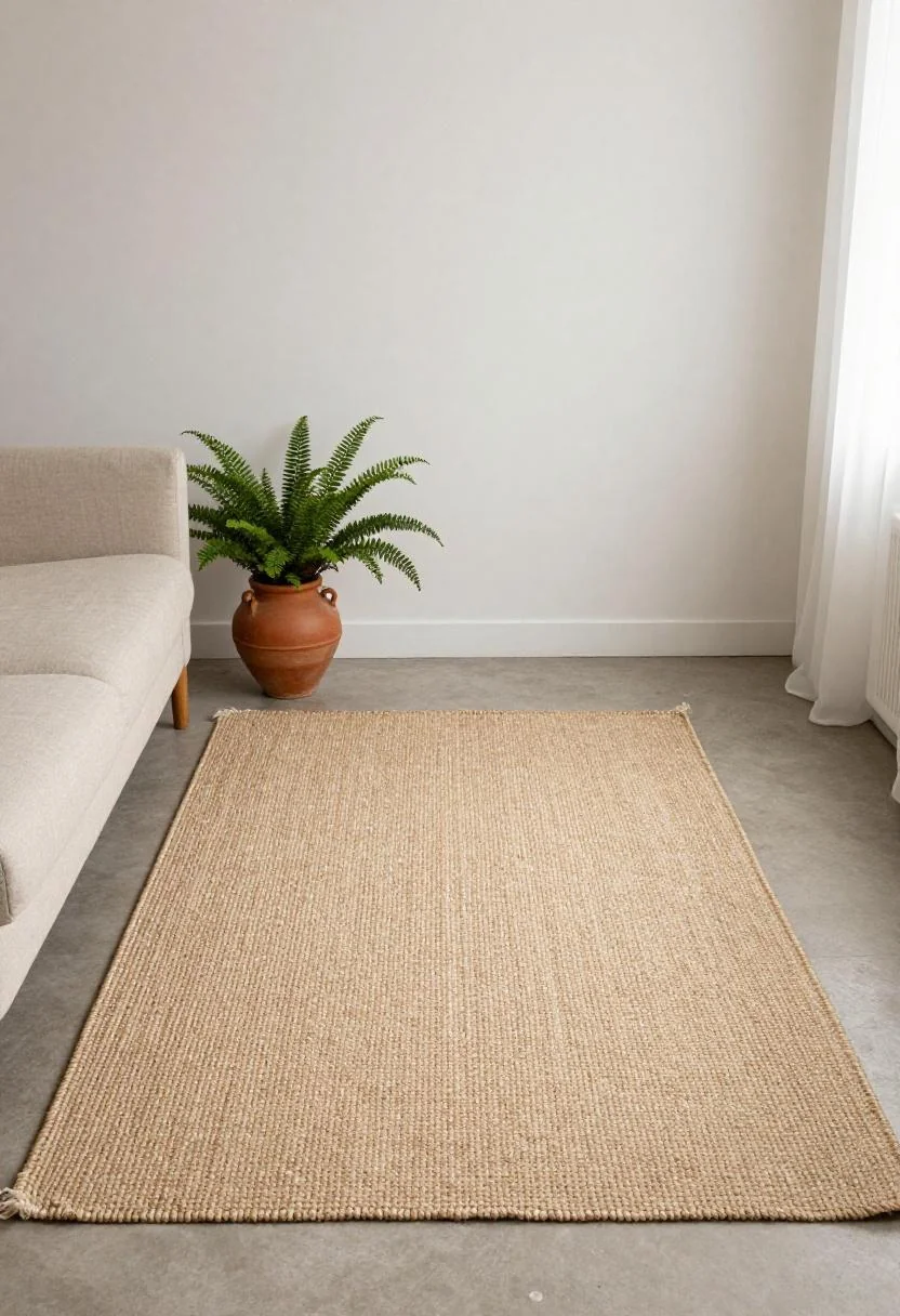Warm terracotta earthenware pot with a fern beside a linen sofa on a jute rug in diffused light