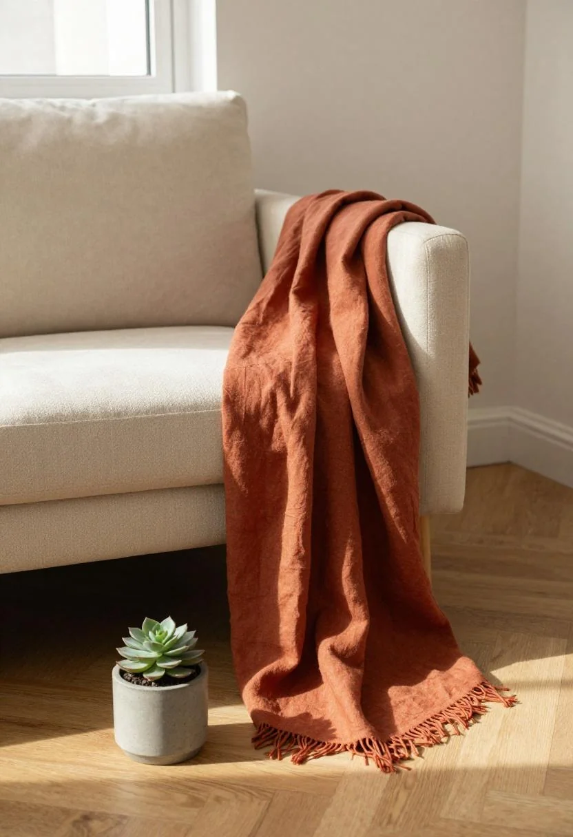 Warm terracotta linen throw over cream wool sofa with a concrete potted succulent