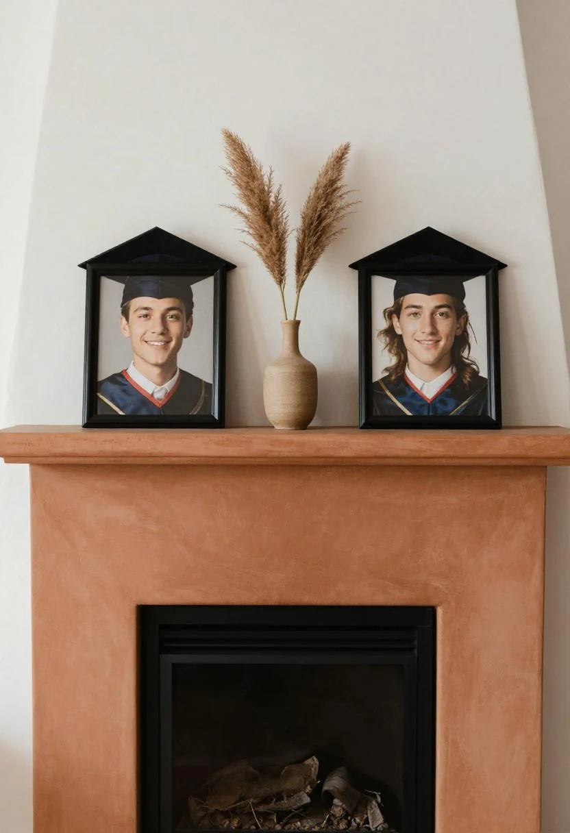 Terracotta fireplace mantel with paired graduation frames and a pampas grass vase