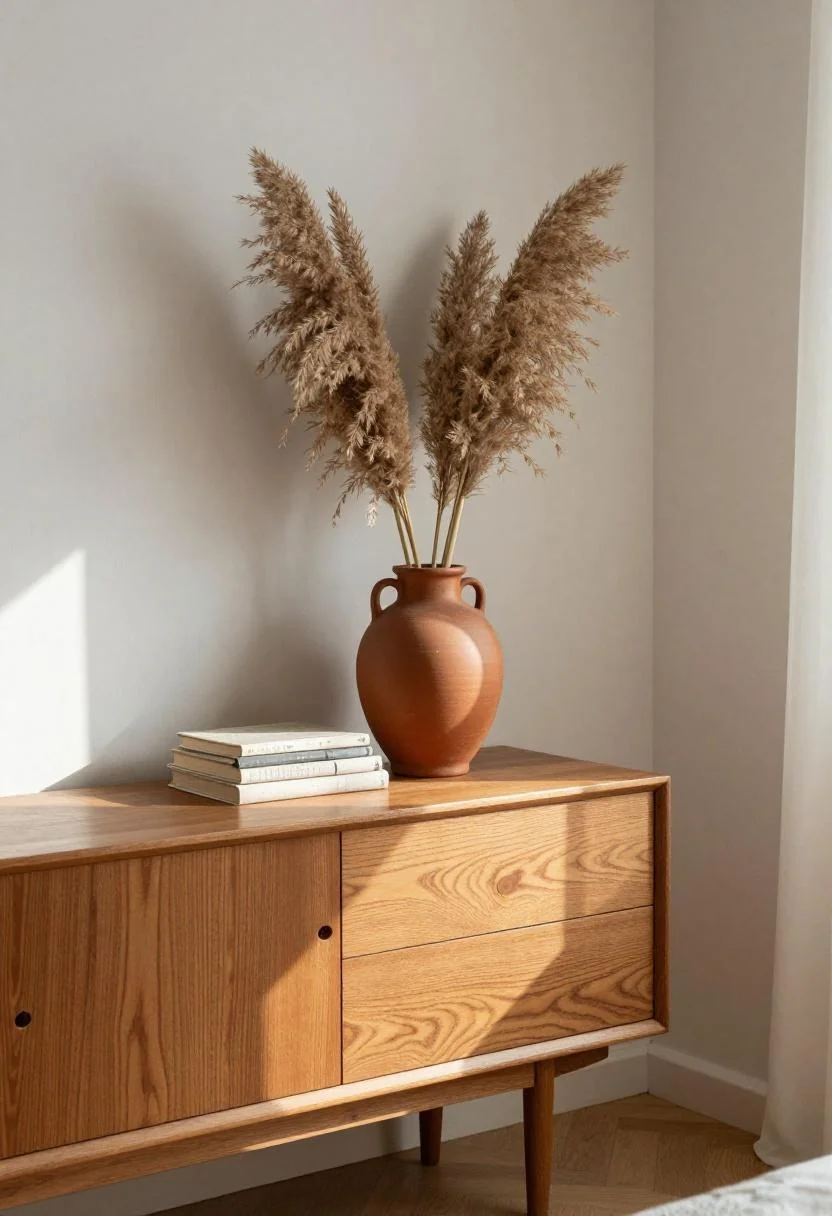 Teak sideboard with terracotta ceramic vase of pampas grass in mid-century living room