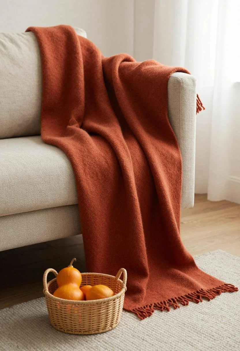 Terracotta wool throw on linen sofa with rattan basket of orange gourds