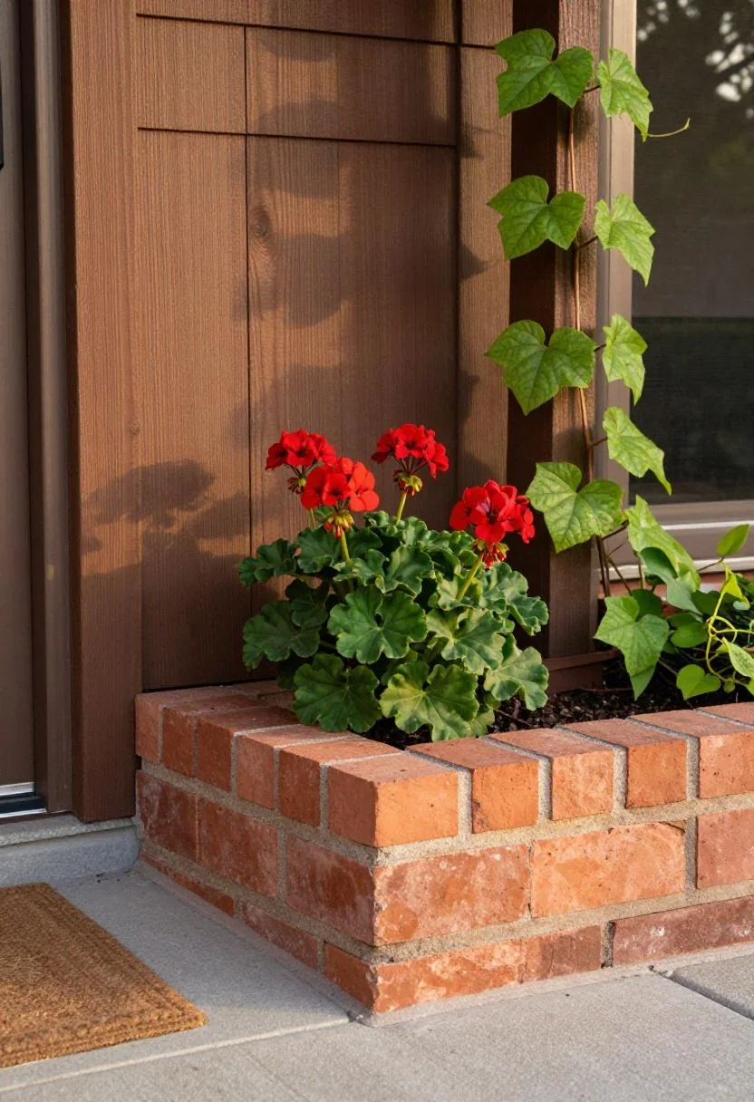 Handmade terracotta brick flower bed with geraniums against a cedar-clad house front