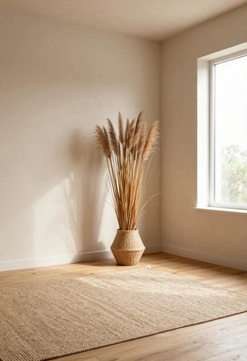 Terracotta faux grass in a seagrass planter against a raw plaster wall in a boho room