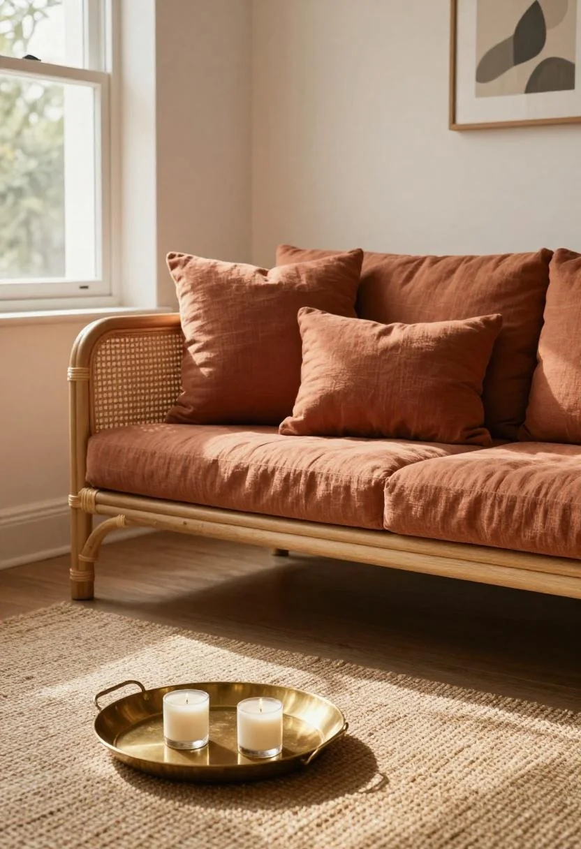 Terracotta rattan sofa with citronella candles arranged on a brass tray