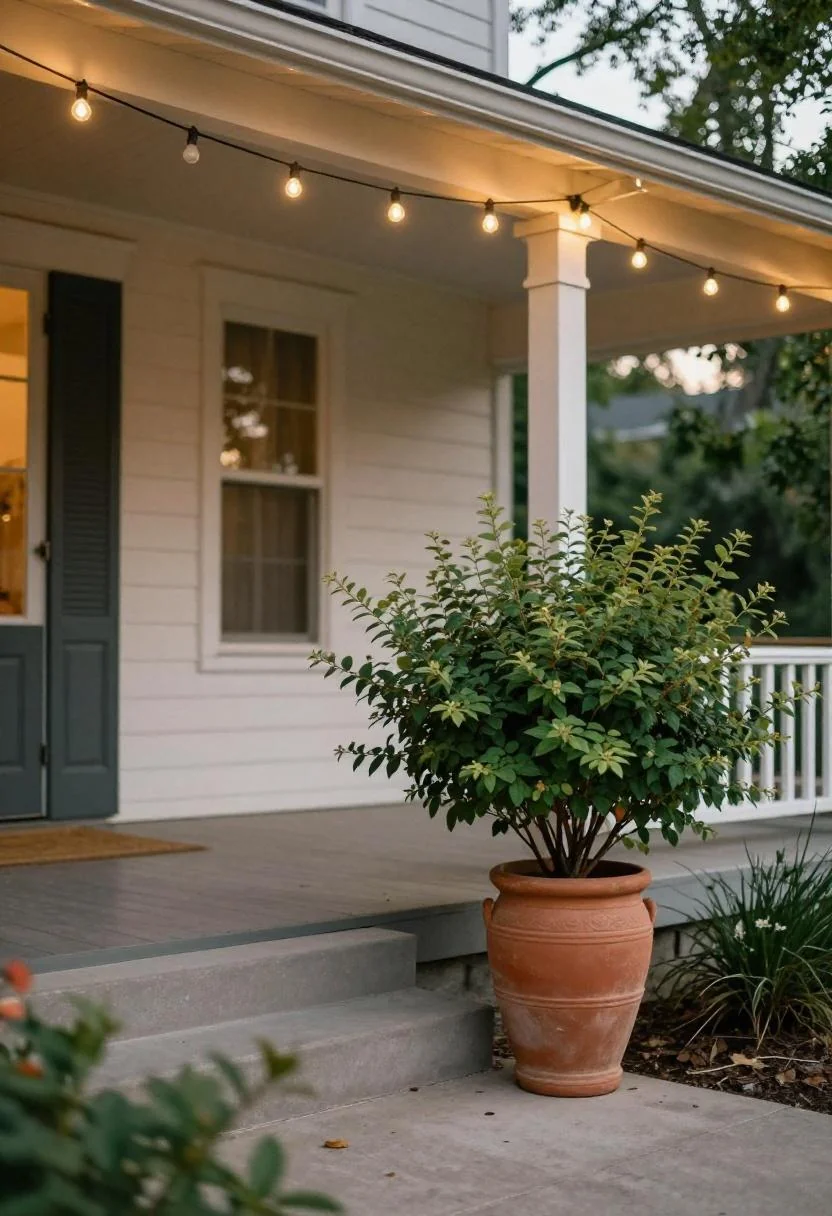 Warm terracotta urn with butterfly bush beside front porch steps glowing under string lights at dusk