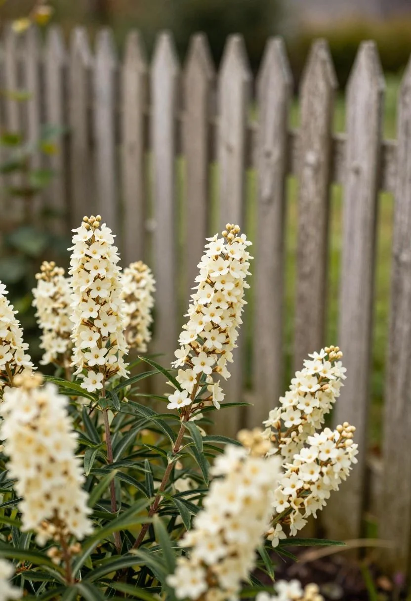 Cream white butterfly bush blooms glowing in morning light against a weathered oak picket fence