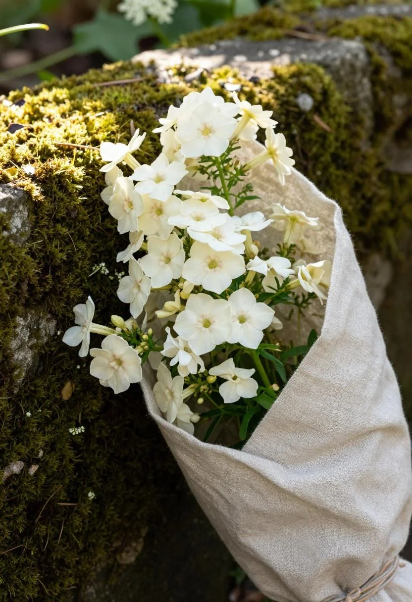 Loose bundle of cream phlox and Queen Anne's lace resting against a mossy limestone garden wall