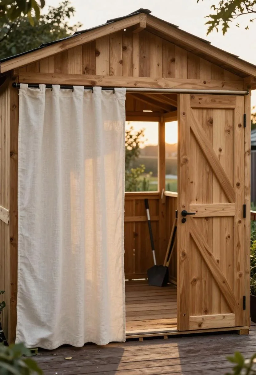 Open pallet shed interior with a cream white linen curtain and garden tools in golden afternoon light