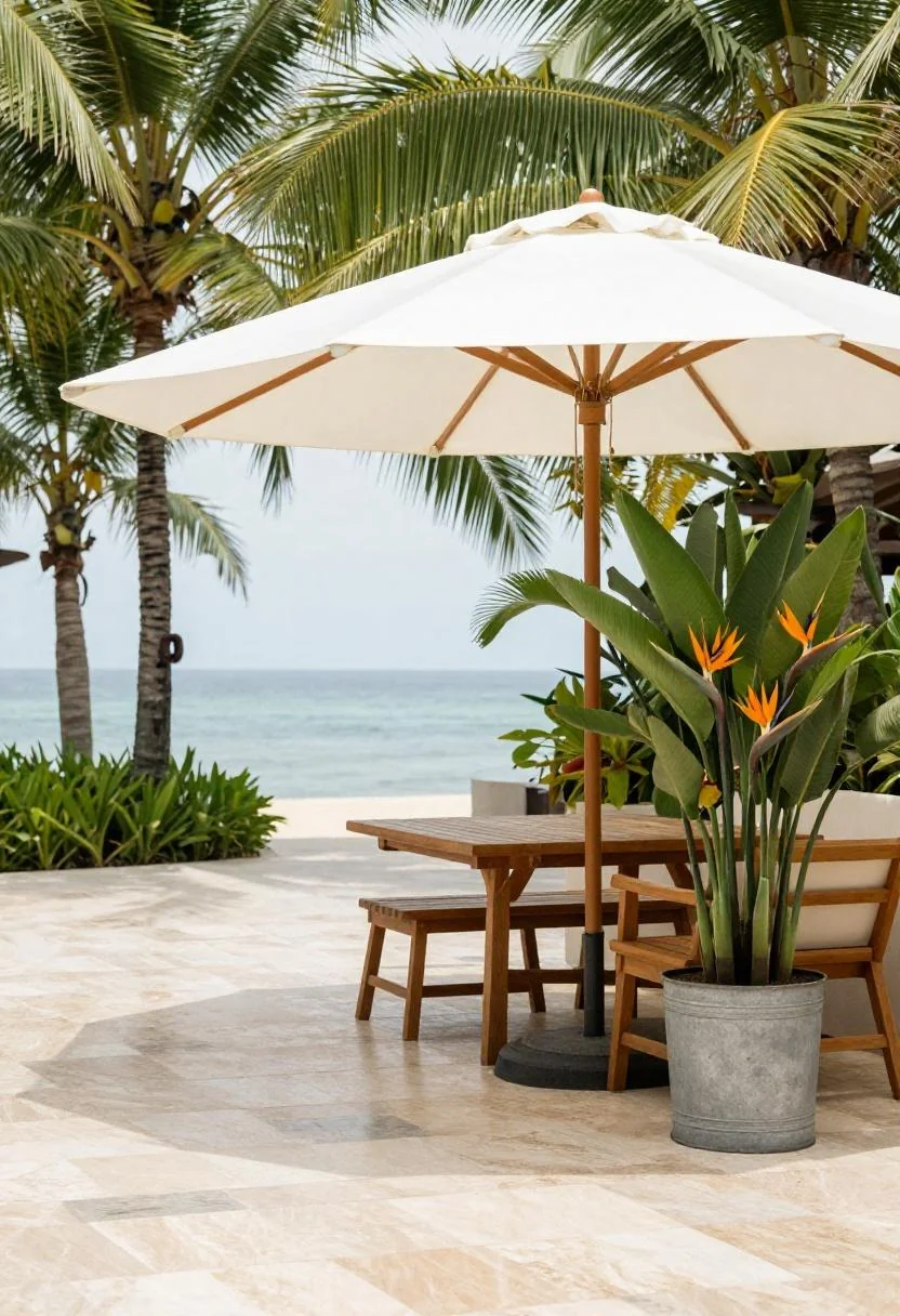 Cream canvas umbrella shading a teak table on basalt pavers with a tropical bird-of-paradise planter