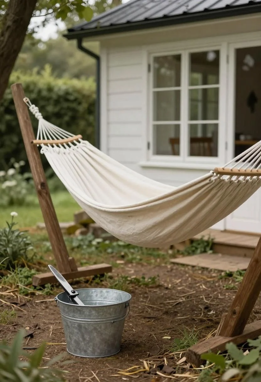 Cream linen hammock strung between timber posts with galvanized bucket on cottage patio