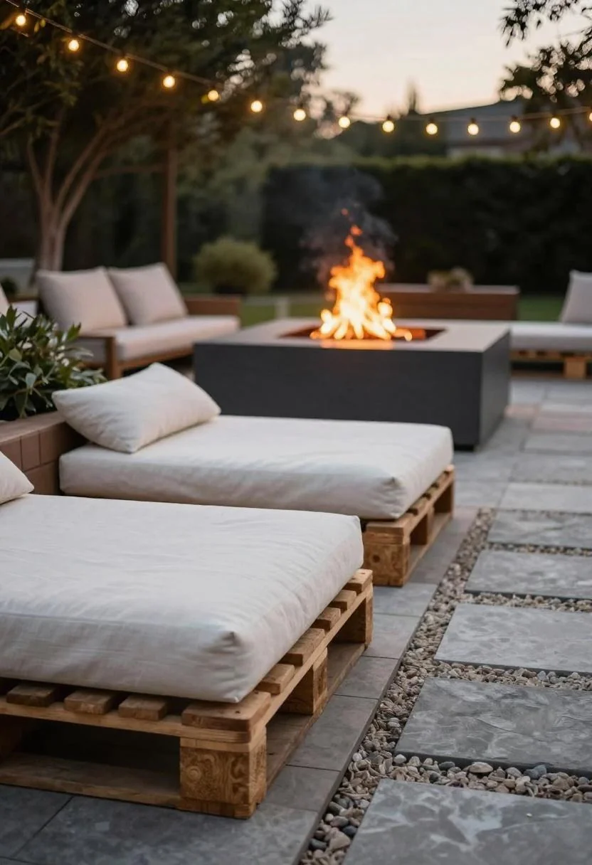 Cream linen cushions on a pallet deck beside a fire pit under dusk string lights
