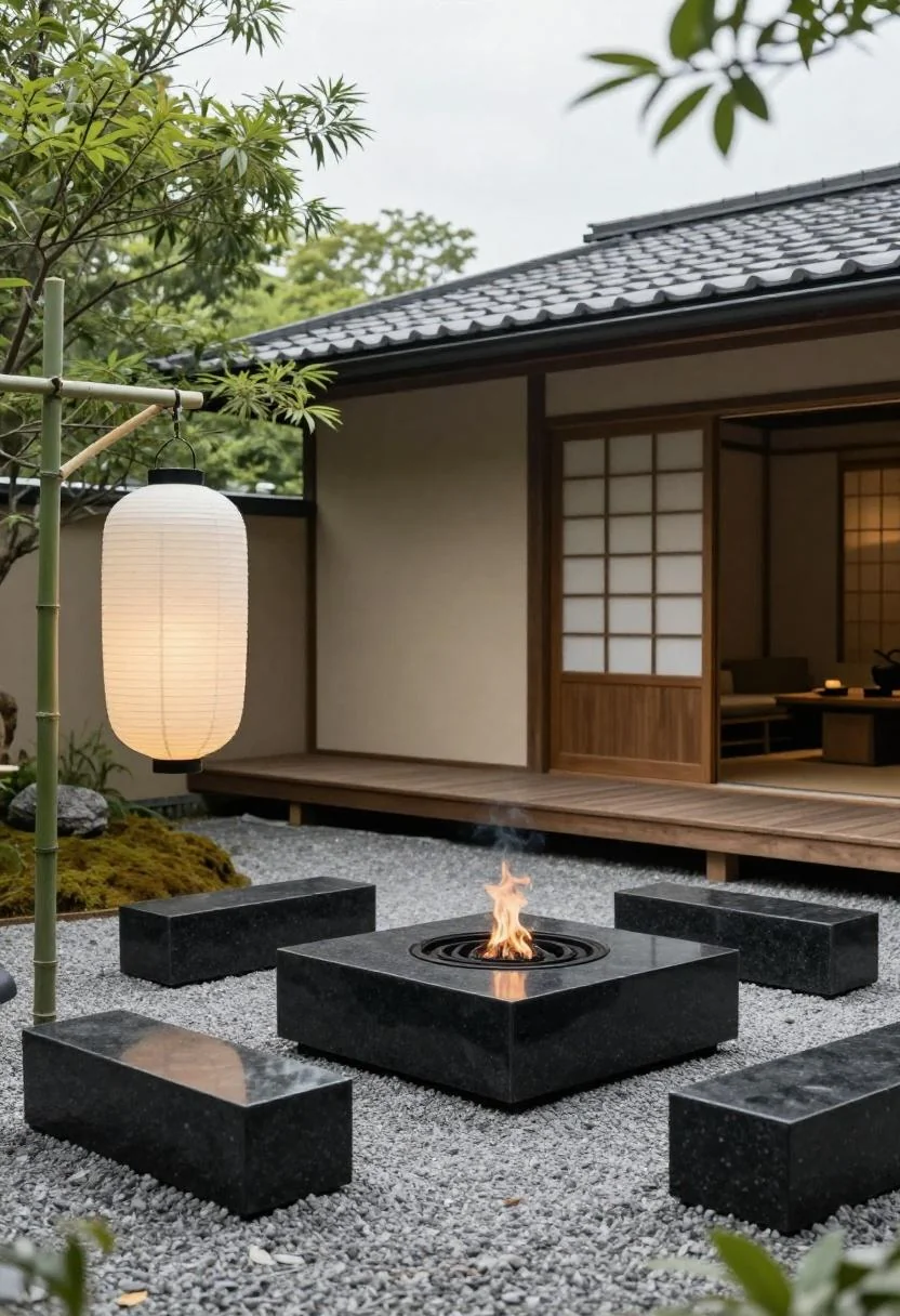 Zen gravel fire pit with cream washi paper lantern and granite block seat under overcast light