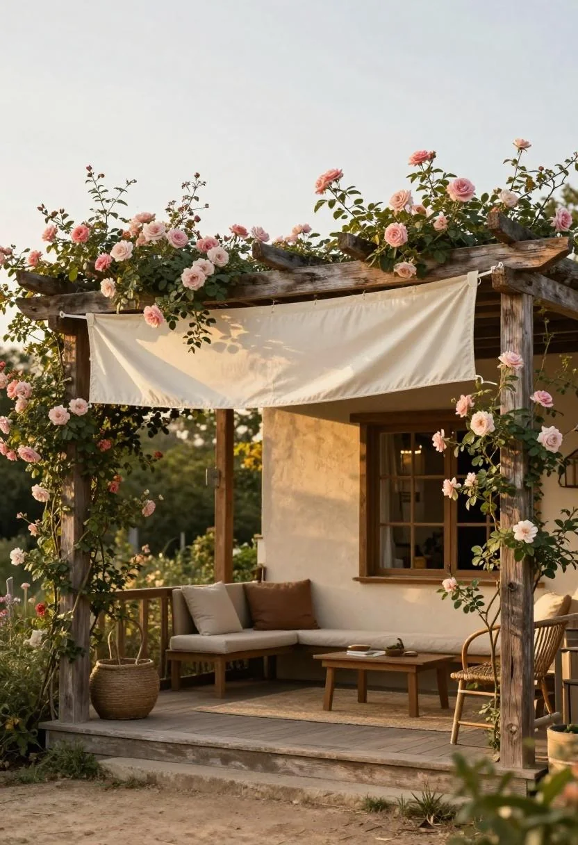 Rose-wrapped cottage pergola with a cream canvas sail shade glowing in golden hour light