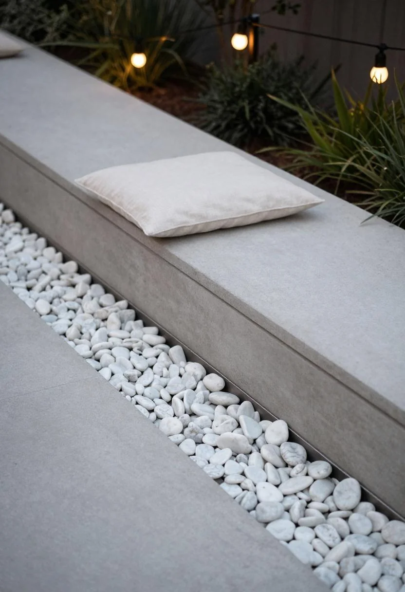 Steel landscape edging containing white marble pebbles beside a cream linen cushion on a concrete bench