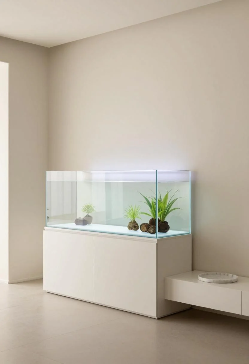 Built-in aquarium glowing cream white inside a lacquered media unit in a minimalist living room